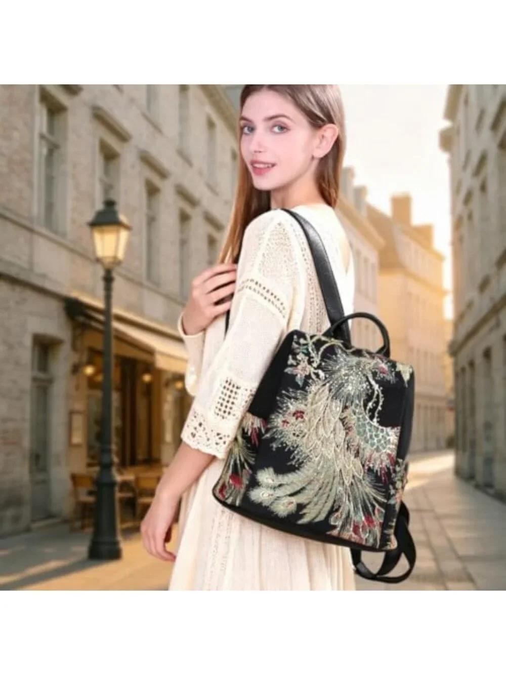 Glitter Embroidery Women's Backpack Purse | Fashion Canvas Anti-Theft Rucksack